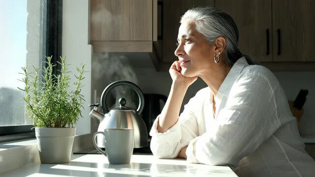 Senior woman thinks near window in kitchen with coffee mug on counter. Mature woman contemplates with tea in kitchen. Senior female by window thinks. Morning coffee in modern kitchen with rosemary.