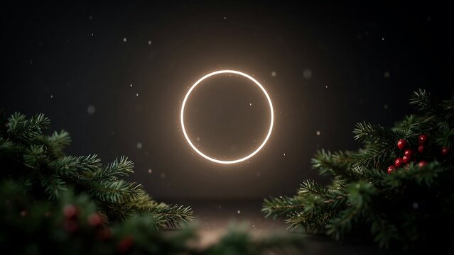 A bright glowing circular light ring framed by green pine branches and red berries against a dark, atmospheric background, with floating snow
