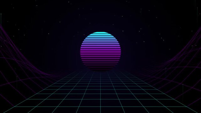 Retro 80s style synthwave landscape with a glowing sun over a digital grid horizon in a starry night sky 4k video