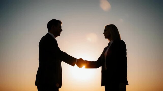 Corporate alliance handshake: business partner, seal deal, achieve success, unite executive, greet colleague, respect contract, close merger, value trust, promise commitment.