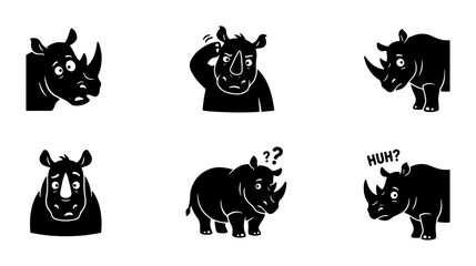 Rhino Character Emotes Set, Six Black Silhouette Vector Icons Expressing Confusion and Surprise, Cute Animal Emotions for Digital Graphics and Presentations © Rumman