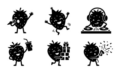 Fototapeta premium Set of 6 Happy Strawberry Characters, Vector Icons: Singing, Dancing, DJ, Party, Gifts, Celebration | Cute Fruit Emoticons for Food & Beverage Marketing