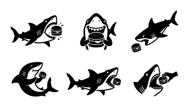 Whimsical Shark Burger Icons, Playful Marine Predator Food Vector Set, Fun Aquatic Animal Meal Graphics, Bold Black and White Illustration Collection