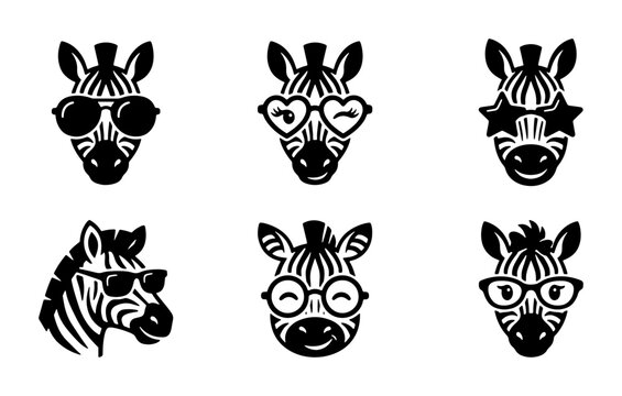 Cool Zebra Heads Vector Icons, Stylish Animal Faces with Sunglasses, Fun Safari Wildlife Graphics, Set of 6 Black and White Illustrations