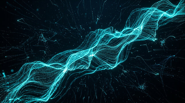 Abstract digital wave of glowing cyan particles and lines on a dark background representing high-tech data flow or energy