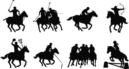 Fototapeta premium Equestrian Sports Silhouettes Set Horse Riding Polo Archery Show Jumping Vector Action Collection