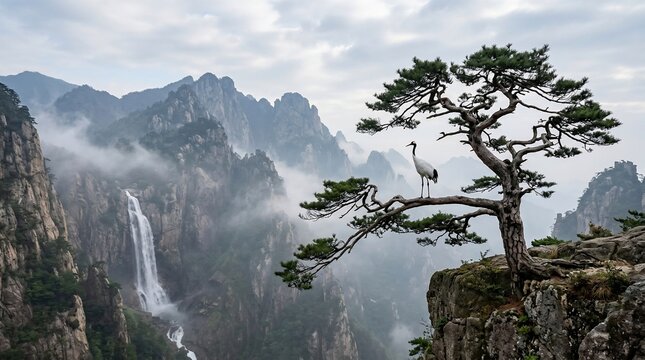 Misty mountain crane landscape