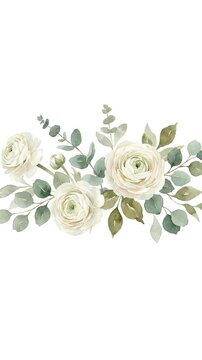 Watercolor white rose and eucalyptus border on white background