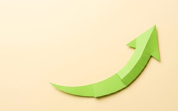 Bright green upward trending arrow symbolizing growth and success on light background