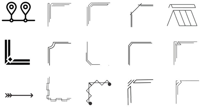 Geographic pin slider combined with diverse corner border frame designs and linear arrow element.
