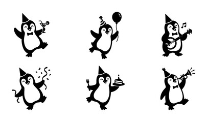 Obraz premium Cute Penguin Party Icons Set, Whimsical Animal Vector Graphics for Celebrations, Festive Penguin Characters with Hats and Balloons
