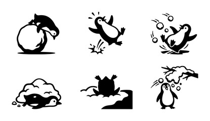 Obraz premium Playful Penguin Vector Icons Set, Cute Animal Illustrations, Winter Fun Graphics, Cartoon Character Actions, Black and White Graphics