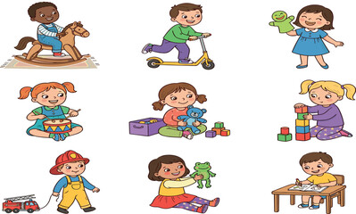 Fototapeta premium Cute Children Playing with Toys Collection, Kids Activities with Scooter Blocks and Rocking Horse Cartoon Vector Illustration Set