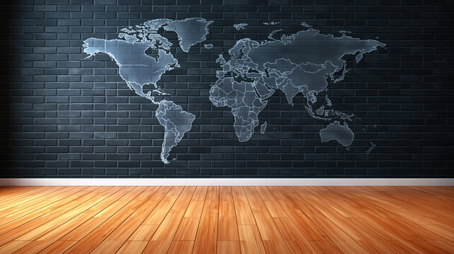 Dark brick wall with world map mural and wooden floor in empty room, global concept, interior background