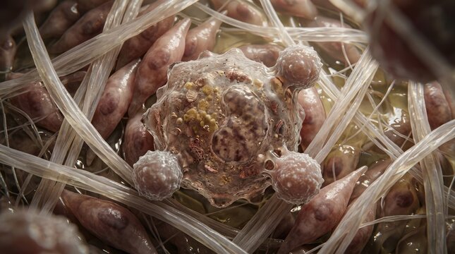 Senescent zombie cell secreting toxic phenotype fluid onto healthy somatic tissue, demonstrating cellular aging, rigid membrane deformation, collagen fiber degradation.