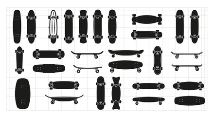 Collection of black skateboard silhouettes on grid background with silhouettes arranged various black recreation transport equipment activity © Pabitra