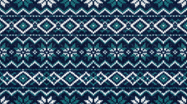 Intricate dark blue nordic pattern with geometric shapes and snowflake motifs