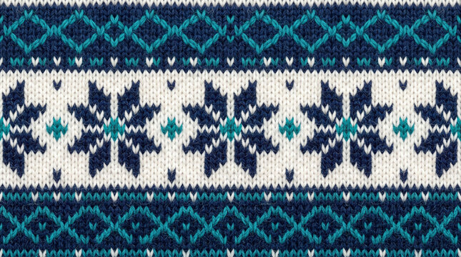Seamless nordic pattern with dark blue and teal snowflakes on a white background