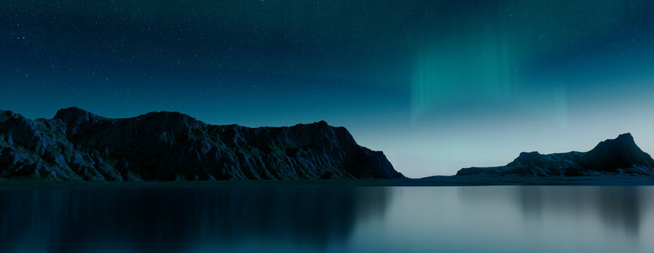 Beautiful Sky with Aurora and Stars. Blue Northern Lights Wallpaper with copy-space.