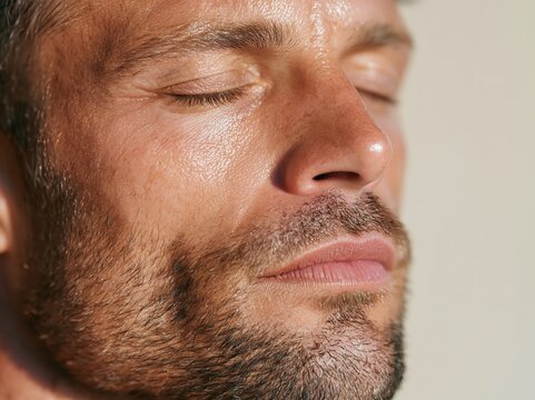 Close-up of a man with short hair and facial stubble resting after light physical activity, eyes closed, with a neutral background highlighting his relaxed expression