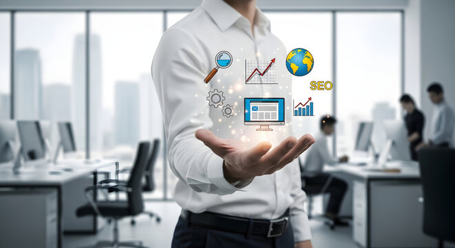 Businessman presenting digital marketing strategy with hovering search engine optimization and data analytics icons in modern office