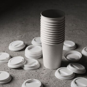 Stack of plain paper cups with scattered lids on concrete