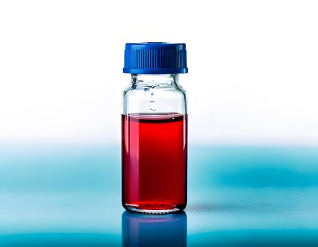 Small glass vial with red liquid and blue cap isolated on white background