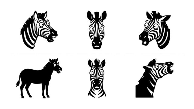 Zebra Heads and Silhouette, Wild Animal Vector Icons, Safari Wildlife Graphics, Black and White Mammal Illustrations