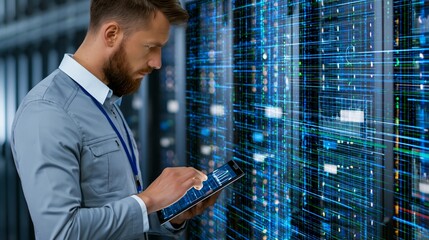 Fototapeta premium A security and financial expert inspecting systems and analyzing risks in a server room