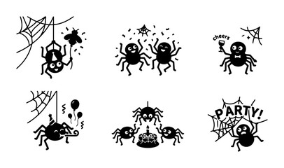 Fototapeta premium Cute Halloween Spider Vector Icons Set, Spooky Party Graphics, Black and White Cartoon Arachnid Illustrations for Holiday Design