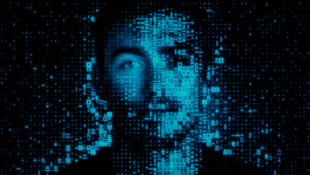 Man's Face dissolving into Code Fragments, representing Identity And Access Management Concept.