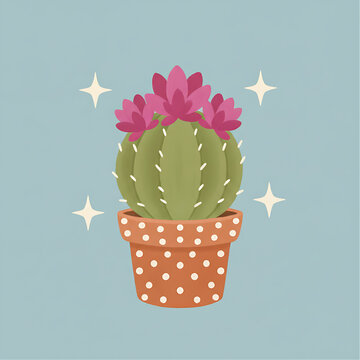 Cute potted flowering cactus houseplant vector illustration
