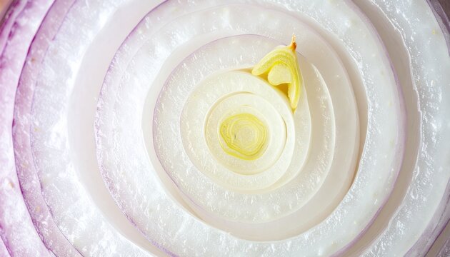 Close up macro shot of sliced red onion rings creating a concentric circle abstract pattern.