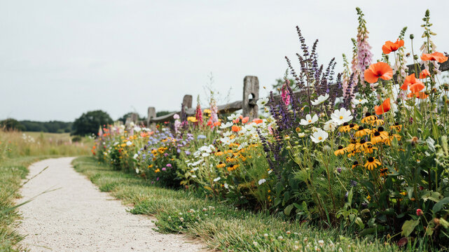 A winding gravel path bordered by a vibrant wildflower garden and rustic wooden fence