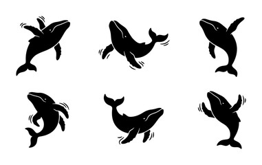 Obraz premium Whale Silhouette Collection, Marine Mammal Vector Icons, Aquatic Wildlife Graphics, Ocean Creature Set, Black and White Animal Illustrations