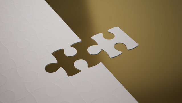 Close up of Gold Jigsaw Puzzle texture Backdrop with final piece moving into place. Connection Concept.