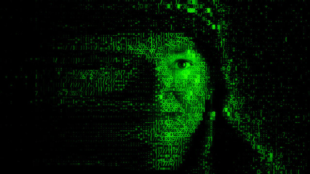 Female Face dissolving into Digital Code. Consumer Profiling Concept.