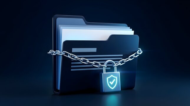 Physical document folder wrapped in metal chains with glowing digital shield padlock representing confidential corporate data security