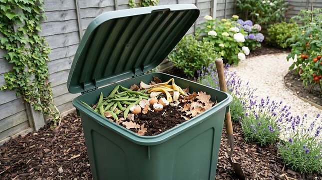 Open green plastic composter containing raw kitchen waste eggshells banana skins and green beans beside garden spade prepares nutrient rich organic lawn mulch.