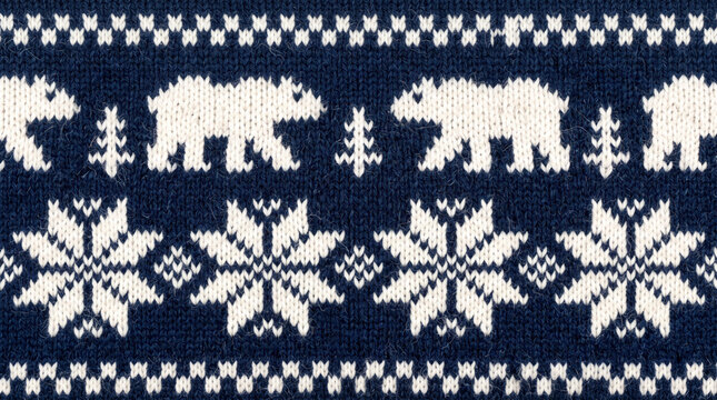 Nordic knit pattern with polar bears and snowflakes on dark blue background