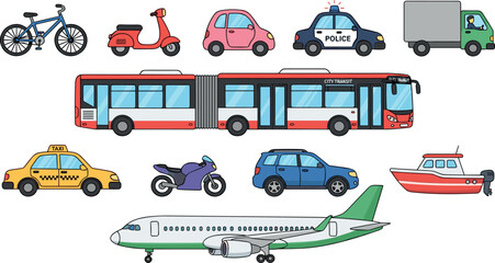 Naklejka premium City Transportation Set with Bicycle Car Bus Airplane and Boat, Flat Cartoon Vehicle Vector Illustration Icon Collection Design