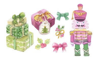Naklejka premium Watercolor christmas gift boxes stack pink nutcracker soldier toy holly berries and ribbon bows illustration set. Elegant festive holiday clip art elements collection for greeting cards.