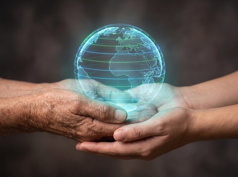 Close up of young and elderly hands gently holding glowing digital holographic earth sphere, global connection and responsibility concept