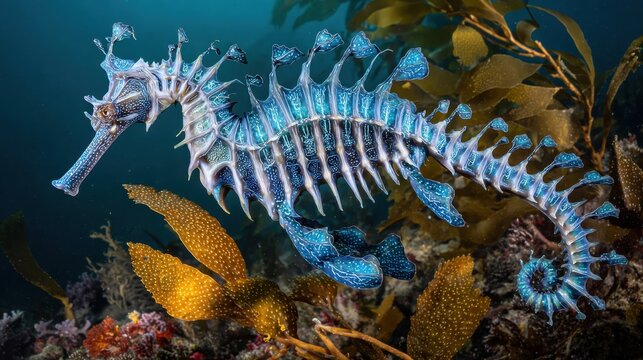 Intricate Blue and Gold Leafy Sea Dragon Floating Amidst Vibrant Kelp Forest in Ocean Depths