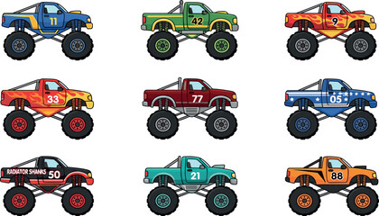 Monster Truck Collection with Big Wheels and Racing Numbers, Colorful Cartoon Vehicle Vector Illustration Set for Kids Design © MdJamanur