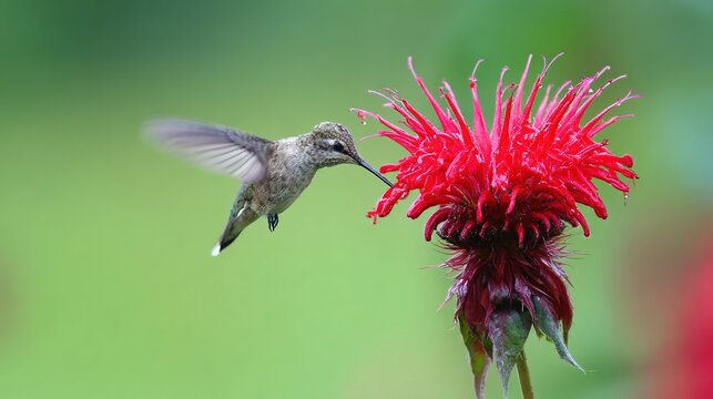 midair. Hummingbird feeding from a red flower with a blurred green background. lifestyle magazines, social media lookbooks, designed for lifestyle magazines and social media content.