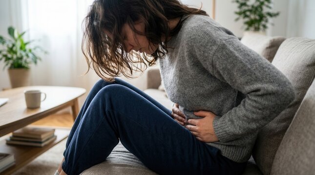 Woman With Abdominal Pain Clutching Stomach While Sitting On Sofa