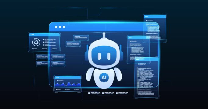 Futuristic AI workflow automation dashboard with ai agent assistant, coding panels and data analytics dashboard, looped animation