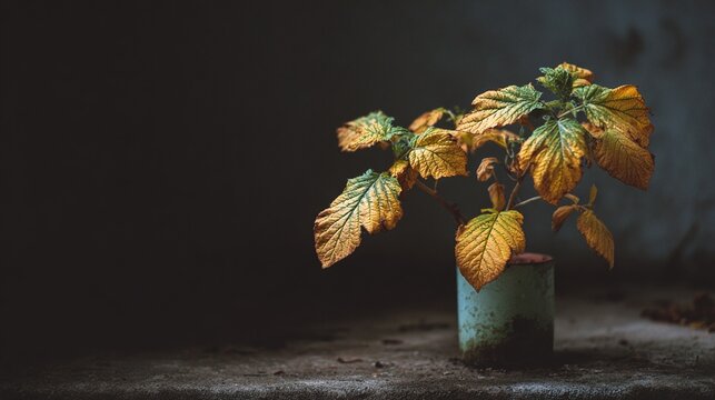 lonesome. A single neglected plant with yellowing leaves in a dim corner. gardening catalogs, home-decor guides, designed for home decor and floral branding, used by hospitality managers.