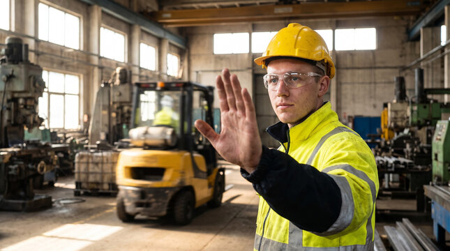 Factory worker in yellow hi-vis vest and hard hat giving a raised hand stop signal to guide a forklift. Warehouse safety spotter directing vehicle traffic in an industrial manufacturing plant